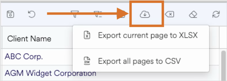 Menu options for exporting data to XLSX or CSV formats are displayed.
